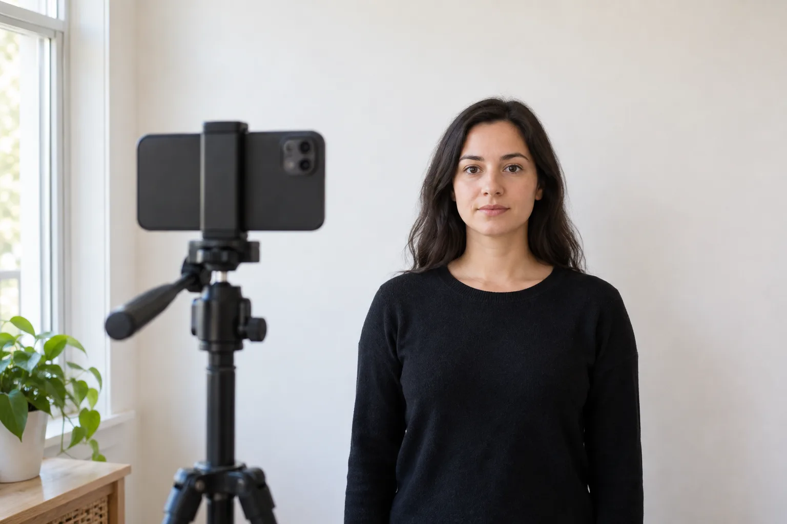 Phone on a tripod facing a person against a plain wall